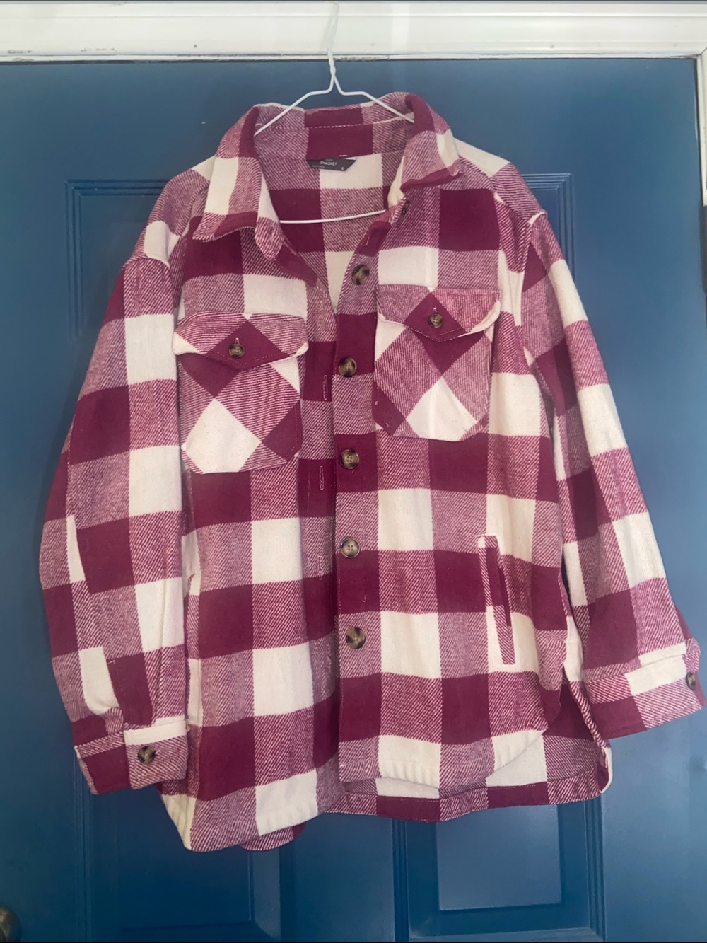Women's Burgundy & Cream Plaid Button-Front Shirt Jacket